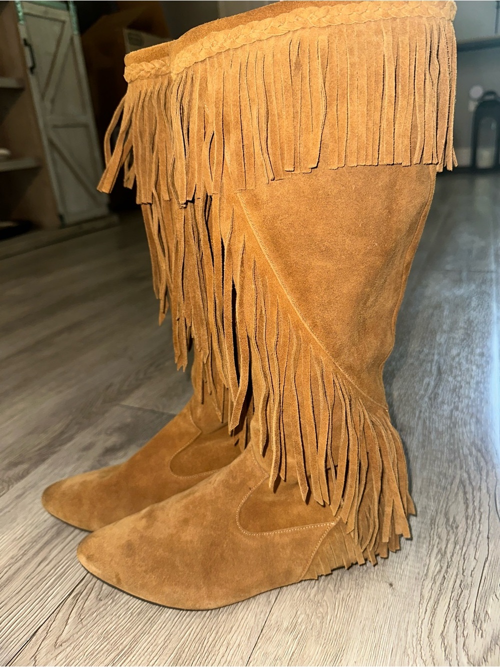 Sam Edelman Utah Leather Tall Fringe Moccasin Chestnut Western Rodeo Boots 7.5 M